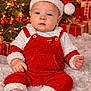baby, child, christmas, holiday, santa_hat, red_outfit, white_shoes, christmas_tree, ornaments, presents, festive, snow, holiday_decor, indoor, cute, portrait, seasonal, celebration, festivity, cozy