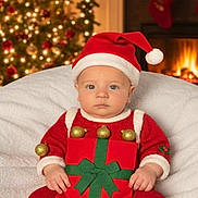 Dylan is registered to the contest to win money with this photo: baby, infant, christmas, holiday, santa_hat, gift_wrap, red_clothing, green_ribbon, gold_ornaments, fireplace, christmas_tree, stockings, blanket, cozy, festive, indoors, cute, child, holiday_decoration, portrait