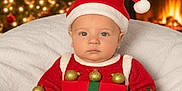 Dylan is registered to the contest to win money with this photo: baby, infant, christmas, holiday, santa_hat, gift_wrap, red_clothing, green_ribbon, gold_ornaments, fireplace, christmas_tree, stockings, blanket, cozy, festive, indoors, cute, child, holiday_decoration, portrait