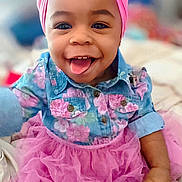 Julecia-Myçhél joined the competition — help win amazing prizes! baby, child, smiling, tongue_out, headband, pink, floral, denim, shirt, skirt, clothing, portrait, happy, cute, indoor, person, face, infant, toddler, playful