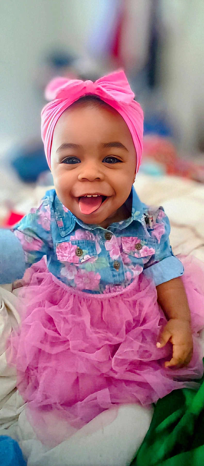 Julecia-Myçhél joined the competition — help win amazing prizes! baby, child, smiling, tongue_out, headband, pink, floral, denim, shirt, skirt, clothing, portrait, happy, cute, indoor, person, face, infant, toddler, playful