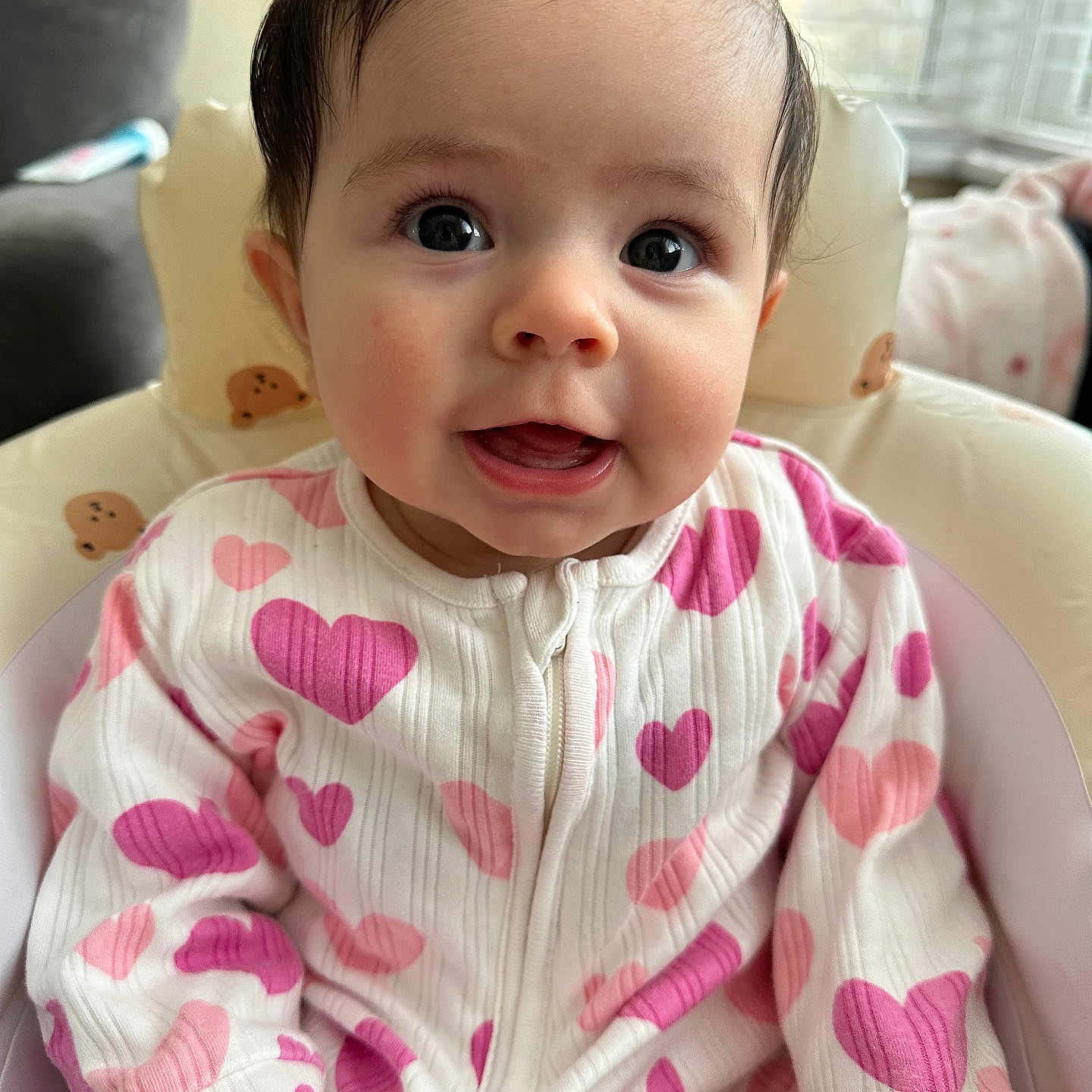 Layla joined the competition — help win amazing prizes! baby, babylaughing, cushion, face, happy, head, homedecor, pattern, person, photography, portrait, smile