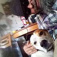Wifi joined the competition — help win amazing prizes! beard, brown_patch, cap, casual, chair, cozy, cuddling, dog, furniture, hand, indoor, living_room, man, pet, plaid_shirt, portrait, smile, sunglasses, table, white_dog