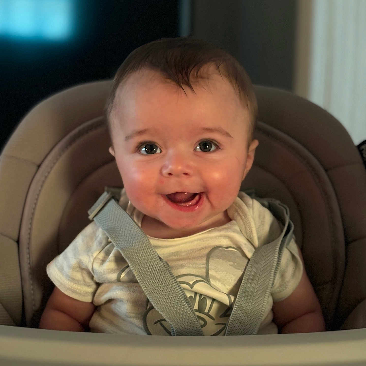 Brody is registered to the contest to win money with this photo: accessories, baby, babylaughing, belt, clothing, couch, cushion, face, furniture, happy, head, homedecor, laughing, pants, person, photography, portrait, sitting, smile, strap
