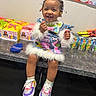birthday, braids, cartoon_decor, child, colorful, dress, fur_trim, gift_boxes, hair_beads, happy, indoors, juice_pouches, party, playroom, portrait, presents, sitting, smiling, sneakers, toddler