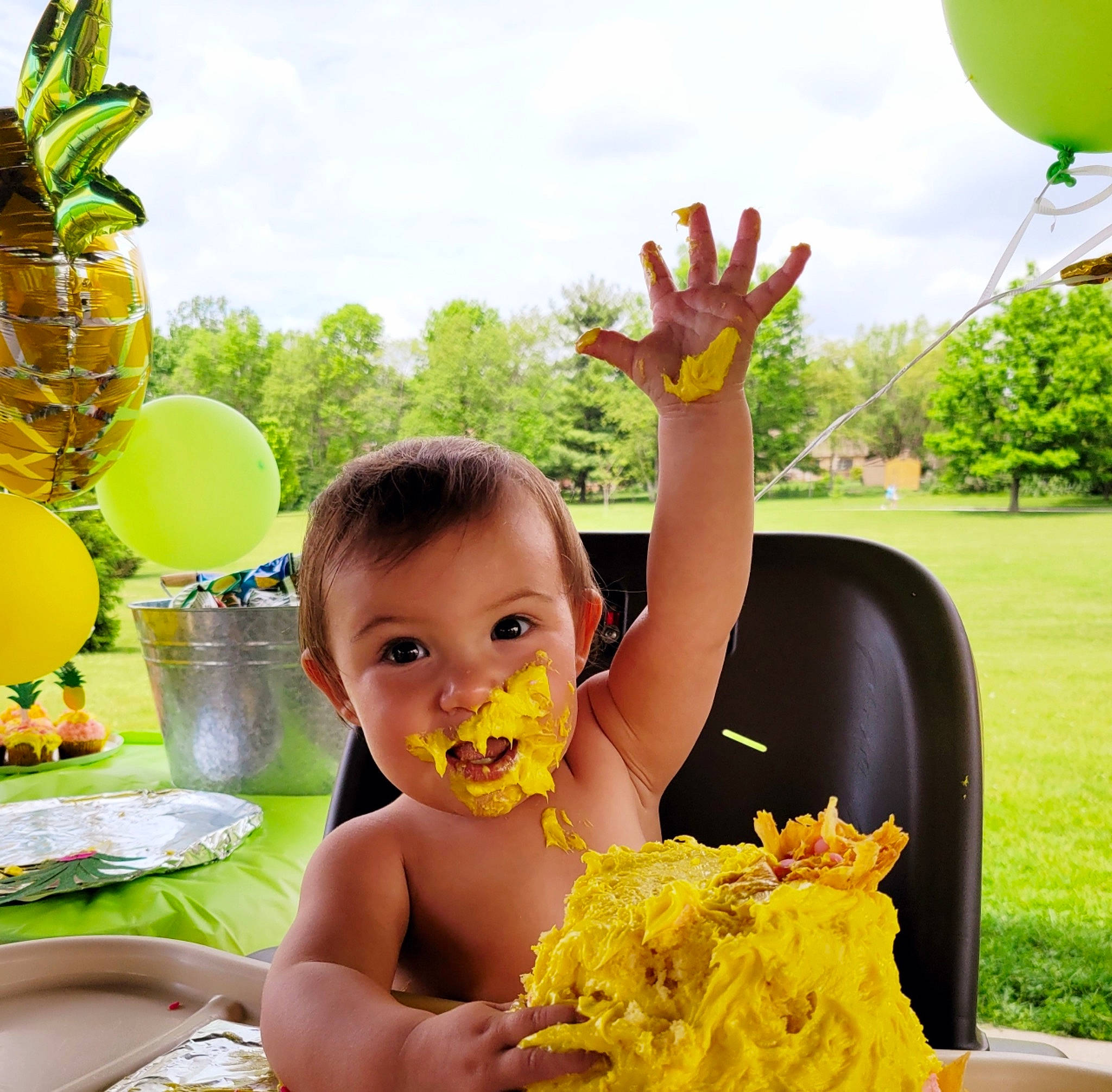 Lexi joined the competition — help win amazing prizes! balloon, food, food_craving, fruit, fun, gesture, grass, green, happy, leisure, light, people_in_nature, person, photograph, plant, plate, sky, sunlight, table, tableware