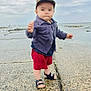 toddler, child, boy, cap, jacket, shorts, sandals, outdoor, seaside, cloudy_sky, pebbled_walkway, standing, water, rocks, nature, portrait, person, casual_clothing, summer, daytime