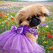 Ginger Belle joined the competition — help win amazing prizes! dog, puppy, small_dog, tutu, purple_dress, bow, sparkle, field, flowers, wildflowers, flower_field, outdoor, portrait, cute, fur, big_eyes, accessory, garden, spring, colorful
