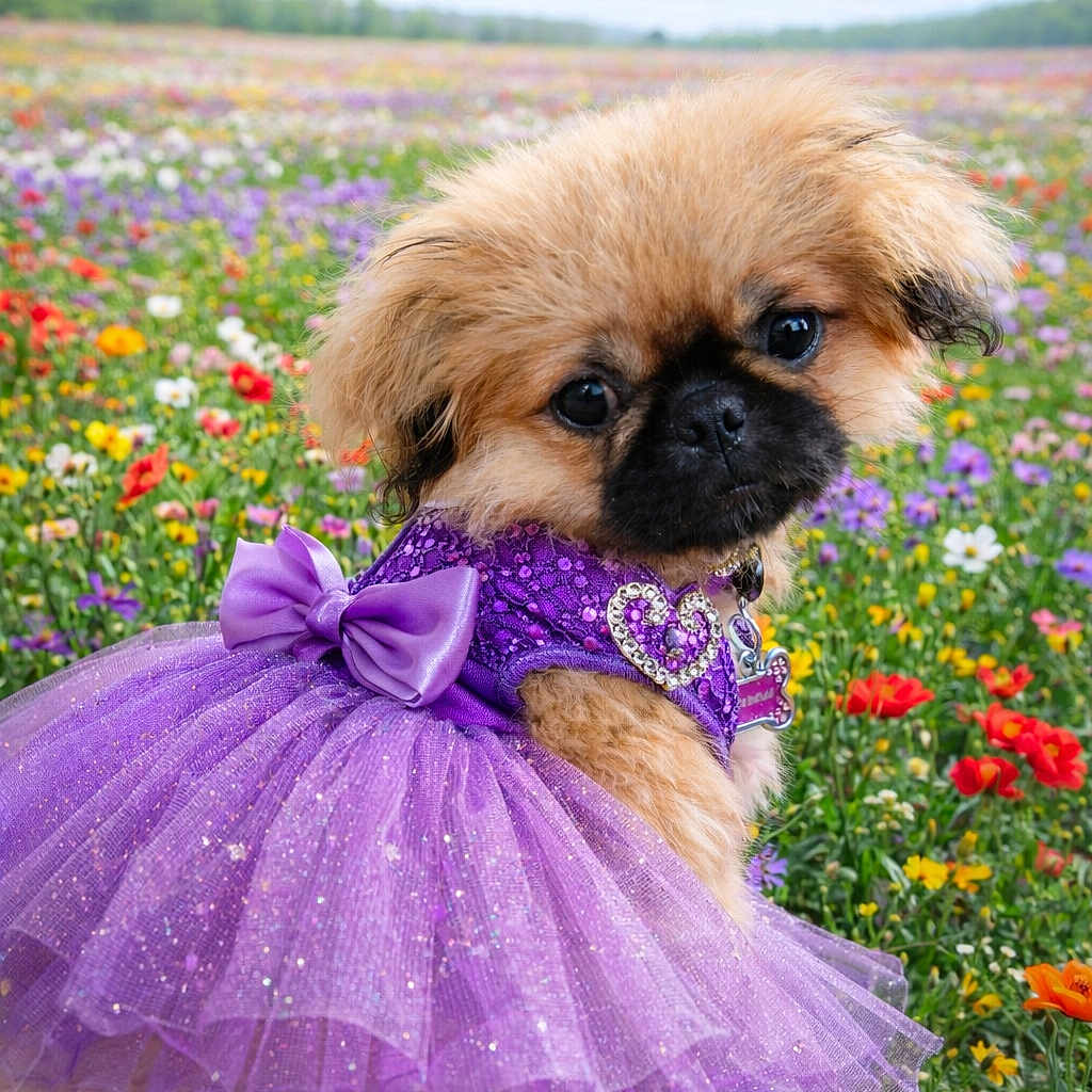 Ginger Belle joined the competition — help win amazing prizes! accessory, big_eyes, bow, colorful, cute, dog, field, flower_field, flowers, fur, garden, outdoor, portrait, puppy, purple_dress, small_dog, sparkle, spring, tutu, wildflowers
