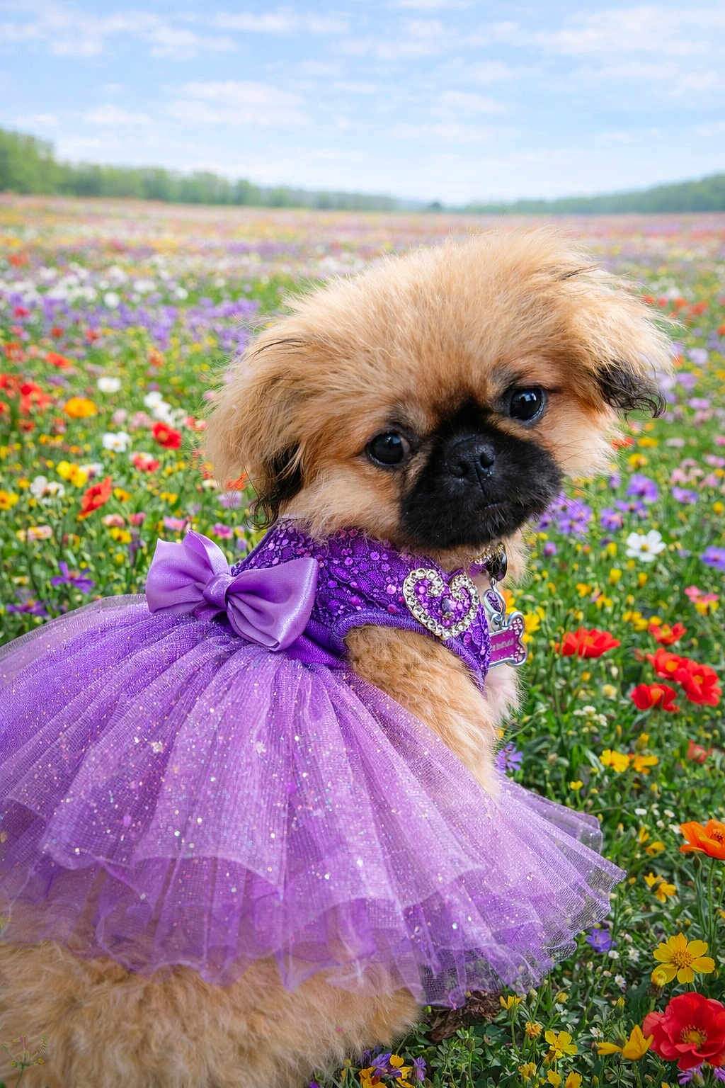 Ginger Belle joined the competition — help win amazing prizes! dog, puppy, small_dog, tutu, purple_dress, bow, sparkle, field, flowers, wildflowers, flower_field, outdoor, portrait, cute, fur, big_eyes, accessory, garden, spring, colorful