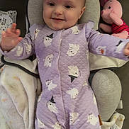 Kaizlei joined the competition — help win amazing prizes! baby, child, infant, smiling, waving, portrait, indoor, seated, baby_carrier, cushion, blanket, plush_toy, bunny, pink_toy, lavender_clothing, onesie, cozy, happy, close_up, photography
