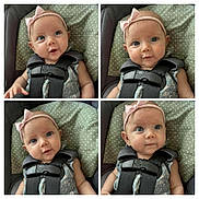 Letti is registered to the contest to win money with this photo: baby, infant, child, car_seat, headband, pink_bow, blue_eyes, polka_dot, green_cushion, straps, close_up, portrait, cute, smiling, expression, seat, safety, indoor, child_seat, adorable