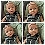 baby, infant, child, car_seat, headband, pink_bow, blue_eyes, polka_dot, green_cushion, straps, close_up, portrait, cute, smiling, expression, seat, safety, indoor, child_seat, adorable