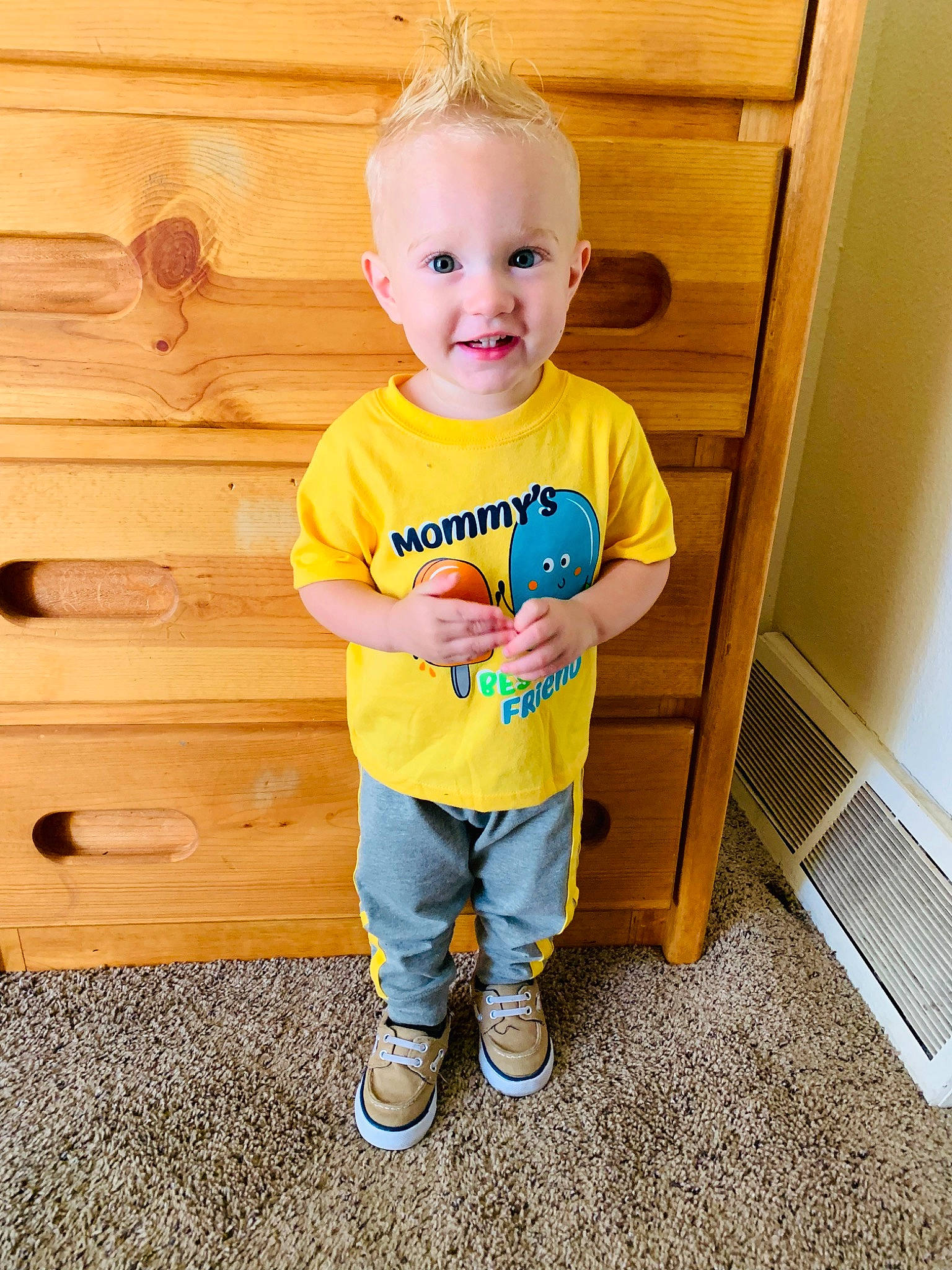 Azriel joined the competition — help win amazing prizes! baby, baby_toddler_clothing, child, outerwear, person, play, product, room, sleeve, standing, t_shirt, toddler, top, yellow
