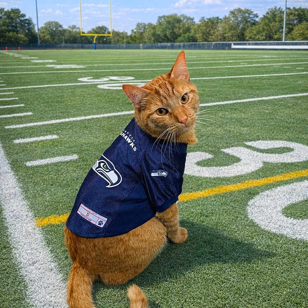 John is registered to the contest to win money with this photo: cat, football_field, ginger_cat, goalposts, grass, jersey, looking_back, midfield, orange_fur, outdoor, pet, portrait, seahawks, sports, sports_jersey, stadium, sunny, tail, turf, whiskers