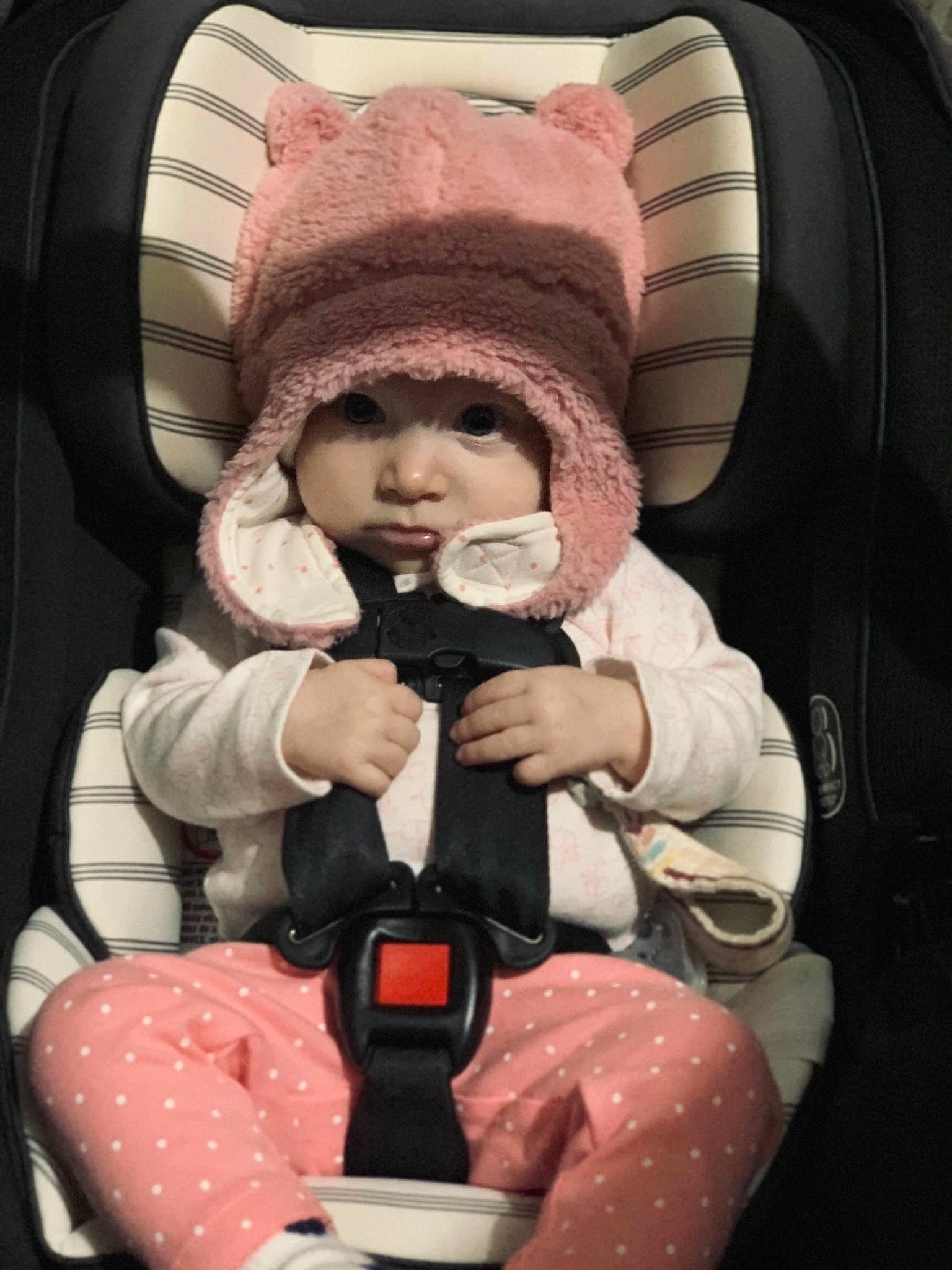 Oaklynn joined the competition — help win amazing prizes! auto_part, baby, baby_carriage, baby_products, baby_safety, baby_toddler_clothing, cap, car_seat, car_seat_cover, carmine, cheek, child, comfort, headwear, lap, person, personal_protective_equipment, pink, seat_belt, sitting