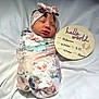 newborn, baby, sleeping, swaddled, blanket, headband, floral, pink, white, wooden_plaque, birth_announcement, infant, cute, peaceful, portrait, indoors, soft_light, child, resting, newborn_photography