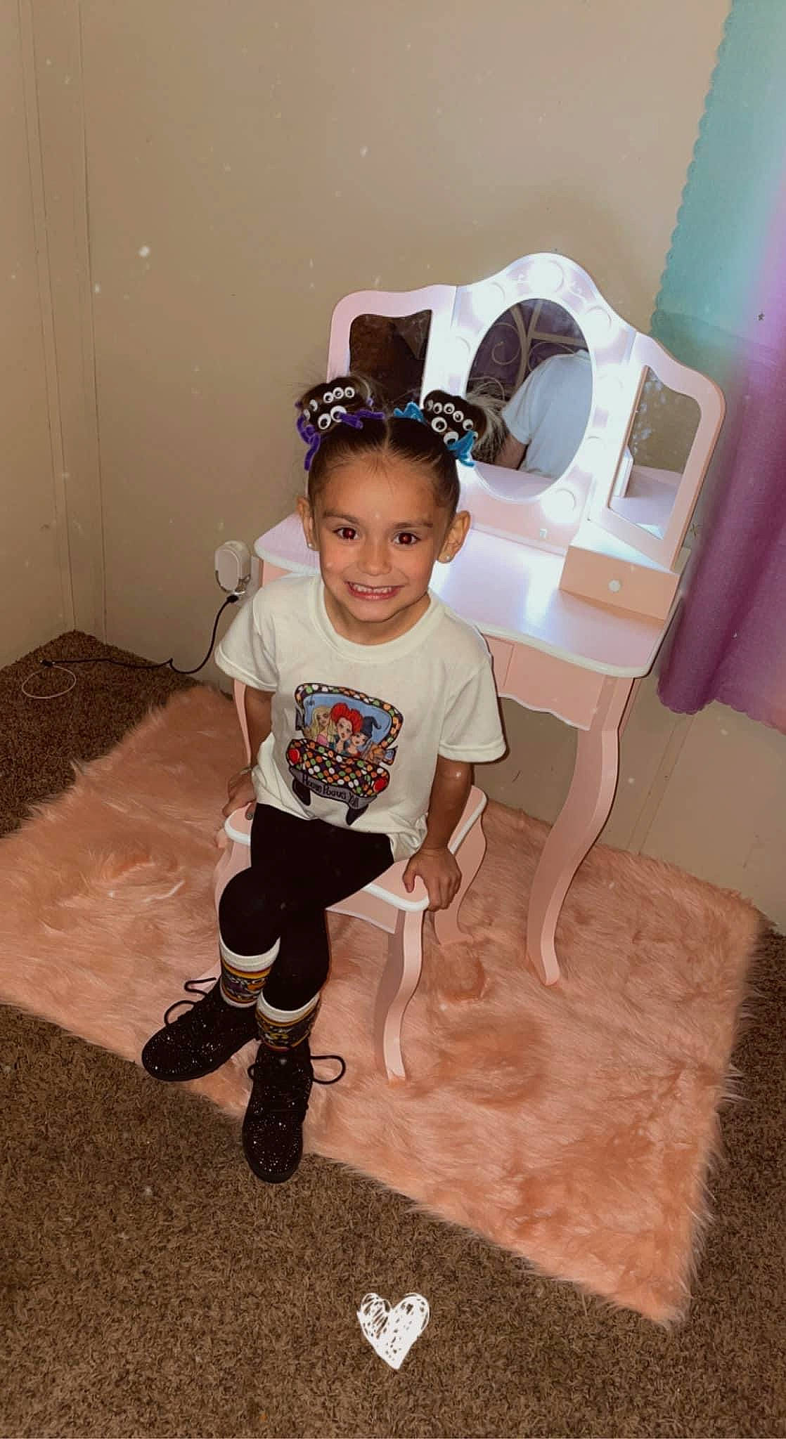 Ariyah joined the competition — help win amazing prizes! baby_toddler_clothing, child, comfort, eyewear, fashion_design, floor, flooring, fun, goggles, happy, hardwood, joy, knee, person, personal_protective_equipment, room, sleeve, smile, sunglasses, t_shirt