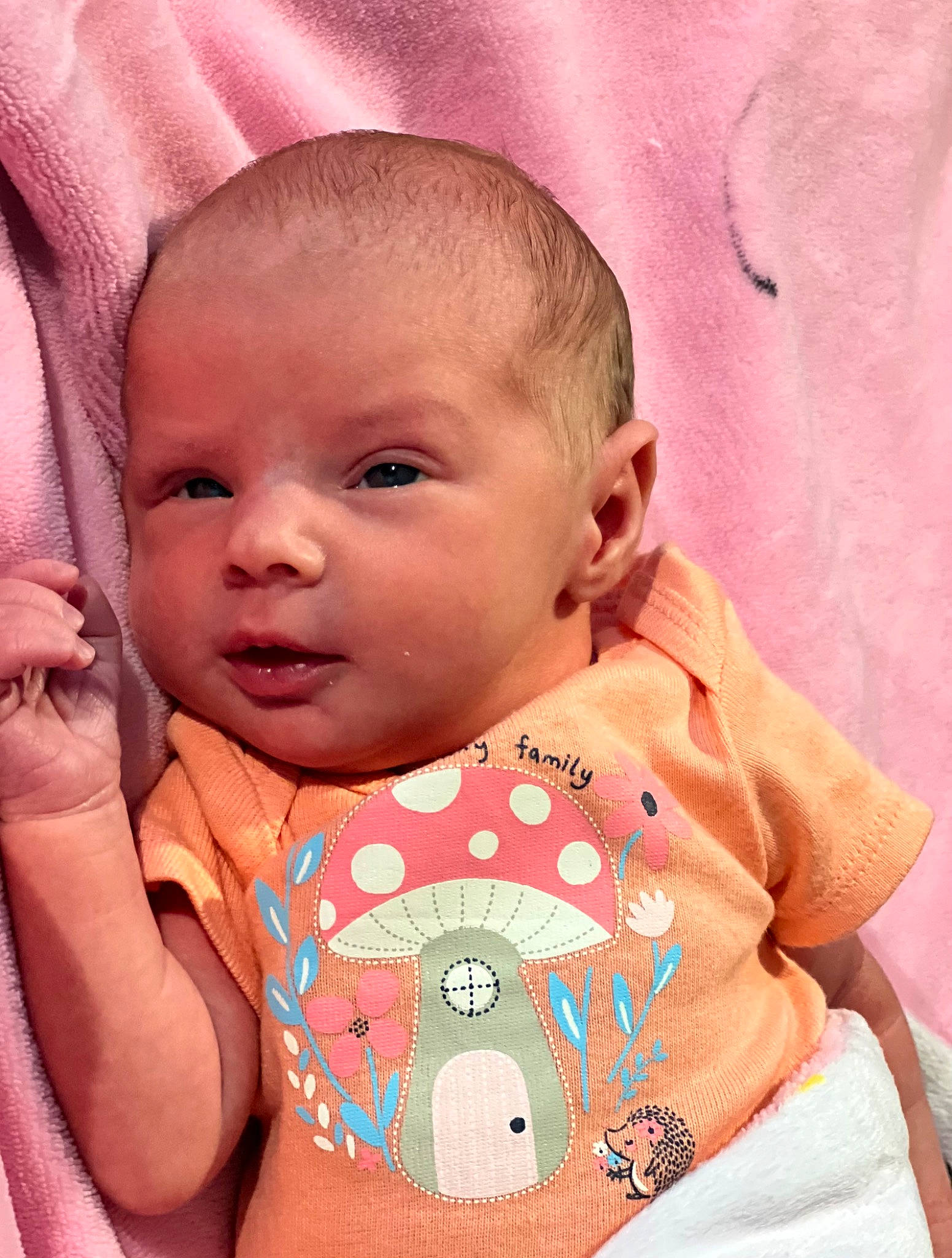 Harley is registered to the contest to win money with this photo: arm, baby, baby_toddler_clothing, cheek, chin, comfort, eye, eyebrow, facial_expression, happy, iris, lip, mouth, neck, nose, person, pink, skin, sleeve, textile