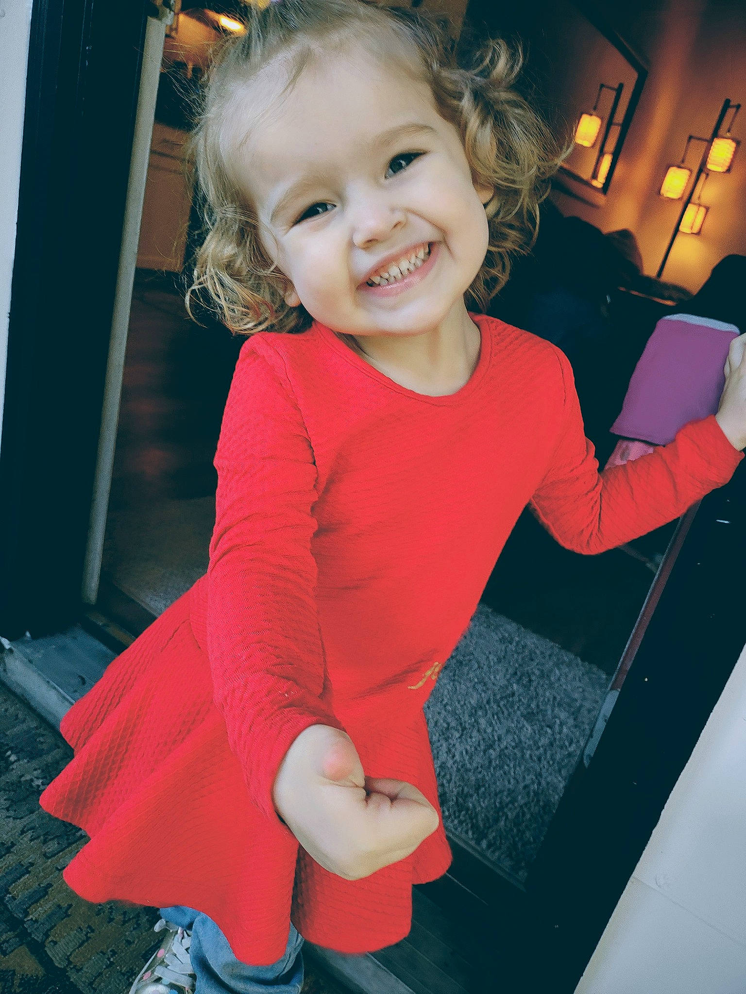 Emilia joined the competition — help win amazing prizes! baby_toddler_clothing, blond, cheek, child, eye, fun, hair, happy, head, human_body, iris, joy, magenta, pattern, person, pink, sleeve, smile, sportswear, standing