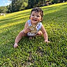 baby, child, grass, outdoor, smiling, happy, park, greenery, infant, cute, sunlight, nature, sitting, ten_months, person, portrait, young_child, summer, daylight, casual_clothing
