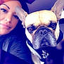 Mayhem is registered to the contest to win money with this photo: animal, black_jacket, blurred_background, brown_eyes, canine, closeup, companion, cute, dog, face, french_bulldog, friendship, heart_shape, indoor, love, pet, portrait, selfie, short_hair, woman