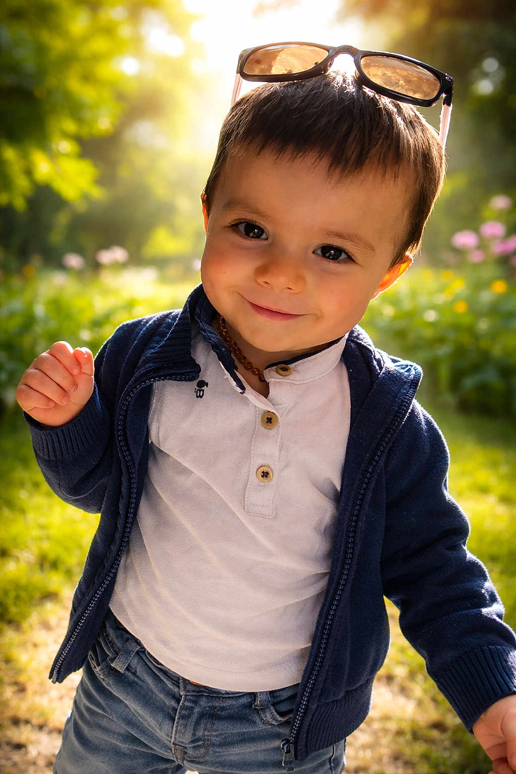 Lucas a rejoint le concours — aidez-le/la à gagner de superbes lots ! child, smiling, outdoor, sunlight, sunglasses, jacket, shirt, jeans, park, portrait, happy, cute, eyes, grass, flowers, necklace, hands, face, daylight, bokeh