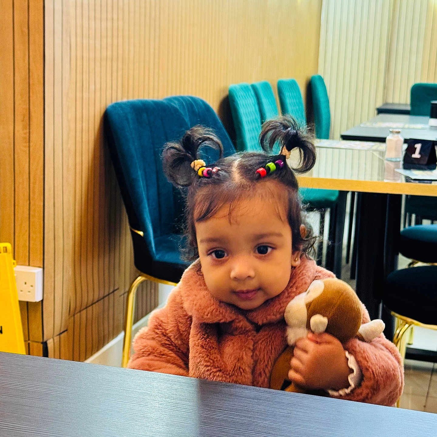 Shehzeen joined the competition — help win amazing prizes! chair, child, colorful, curious, cute, fur_coat, furniture, hair_ties, indoor, monkey_toy, person, plush_toy, portrait, restaurant, seated, table, toddler, warm_lighting, wooden_paneling, young_child