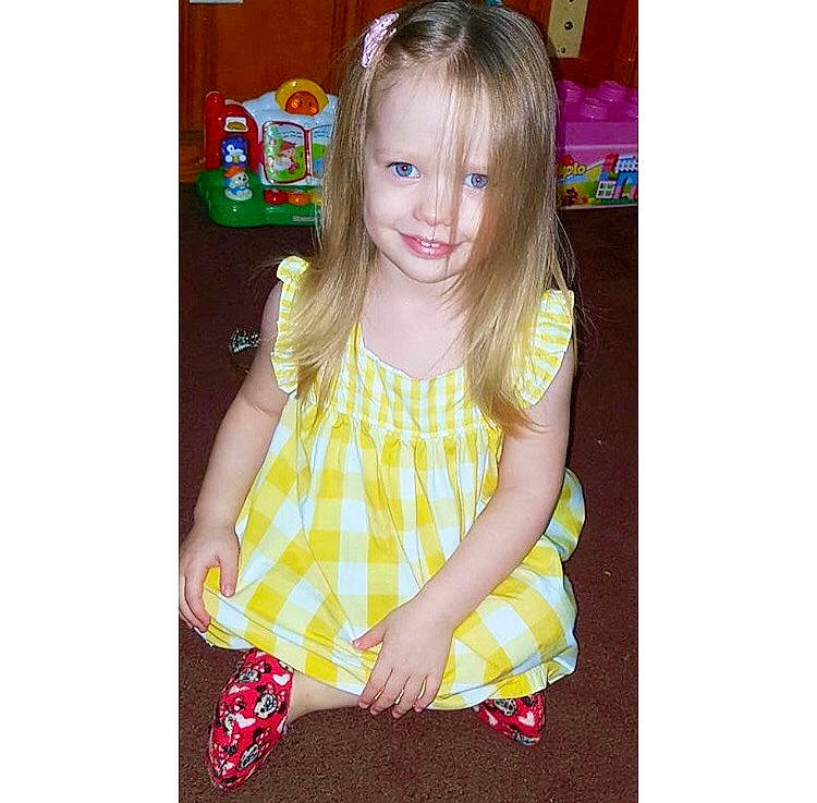 Kelsey joined the competition — help win amazing prizes! blond, brown_hair, child, child_model, dress, hair, hairstyle, joy, long_hair, person, play, smile, t_shirt, toddler, yellow