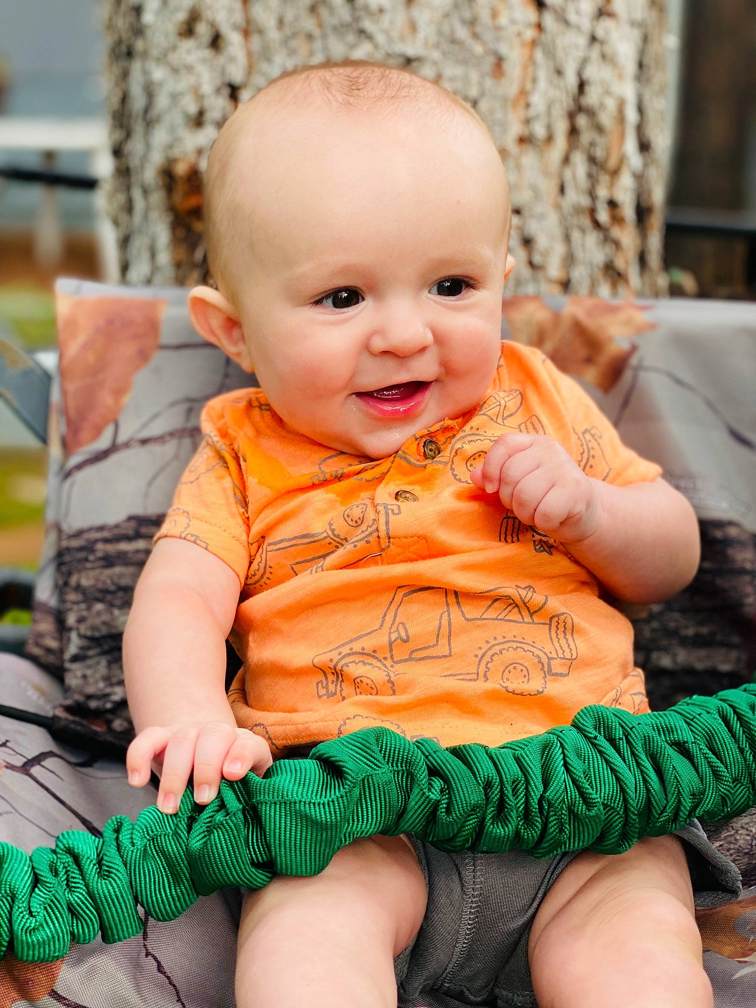 Landen is registered to the contest to win money with this photo: baby_toddler_clothing, cheek, chin, dress, eye, face, facial_expression, green, hairstyle, happy, head, iris, leaf, lip, mouth, orange, organ, person, skin, sleeve