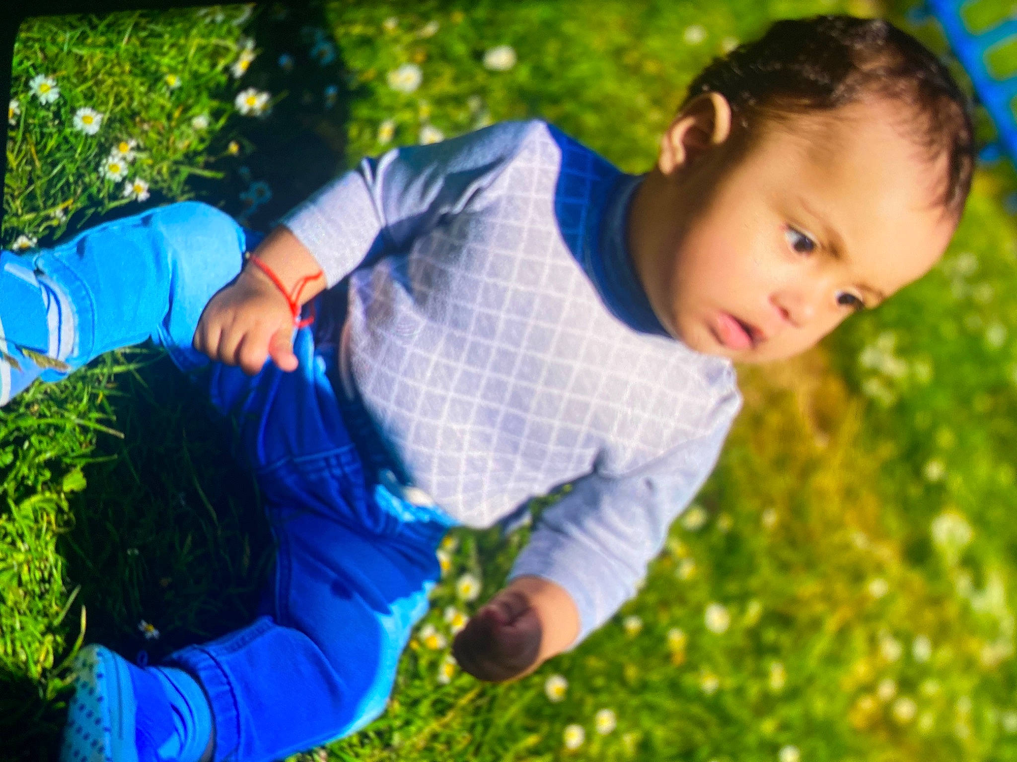 Ianis is registered to the contest to win money with this photo: arm, baby_toddler_clothing, blue, botany, facial_expression, finger, fun, grass, grass_family, green, hairstyle, happy, leisure, morning, nature, people, people_in_nature, person, plant, summer