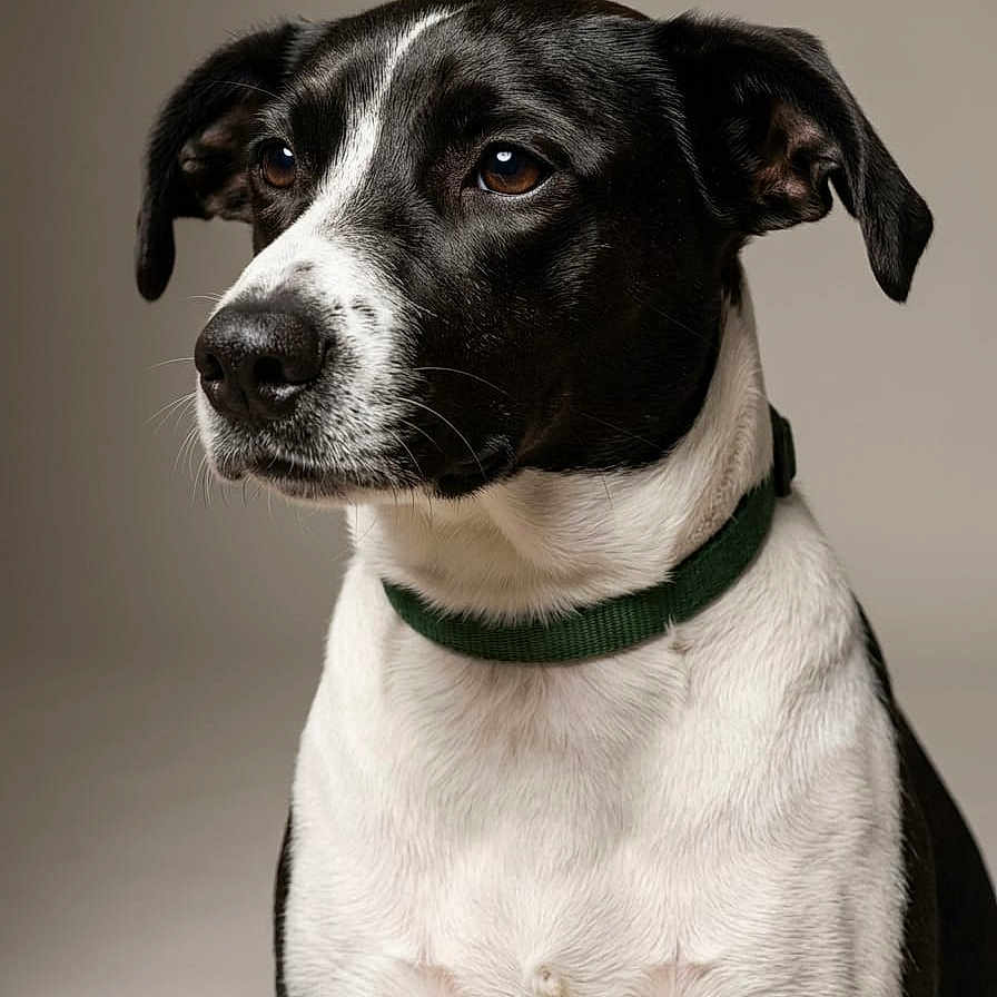Rebelle participe au concours pour gagner de l'argent avec cette photo : dog, black_and_white, pet, canine, collar, portrait, indoor, looking_away, fur, ears, snout, animal, domestic_animal, mammal, closeup, studio, expression, alert, cute, companion