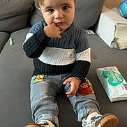 Lyzio participe au concours pour gagner de l'argent avec cette photo : toddler, child, sitting, couch, sweater, pants, shoes, indoor, home, baby_wipes, pampers, curious, expression, furniture, clothing, footwear, person, young_child, casual, relaxed
