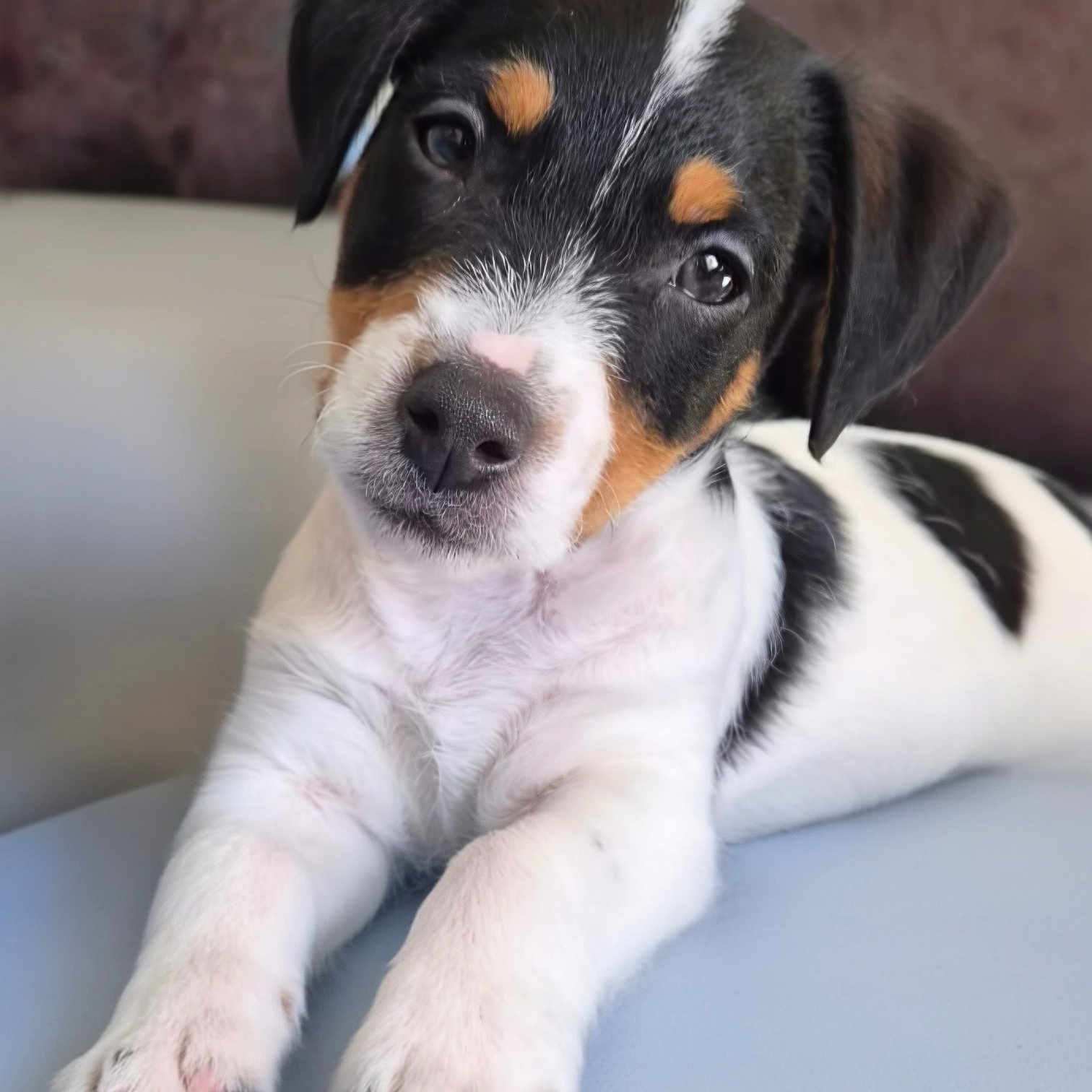 Eliott participe au concours pour gagner de l'argent avec cette photo : puppy, dog, pet, cute, animal, fur, black, white, brown, ears, nose, paws, lying_down, close_up, indoor, young, portrait, mammal, friendly, adorable