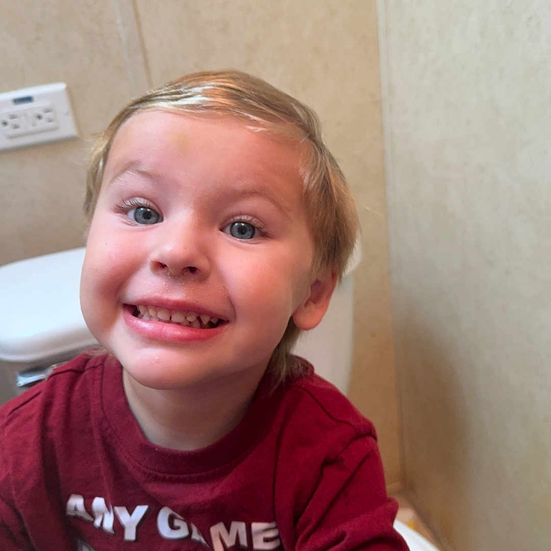 Tydon joined the competition — help win amazing prizes! baby, bathroom, bodypart, clothing, face, happy, head, indoors, longsleeve, mouth, person, photography, portrait, potty, room, sitting, smile, t_shirt, teeth, toilet