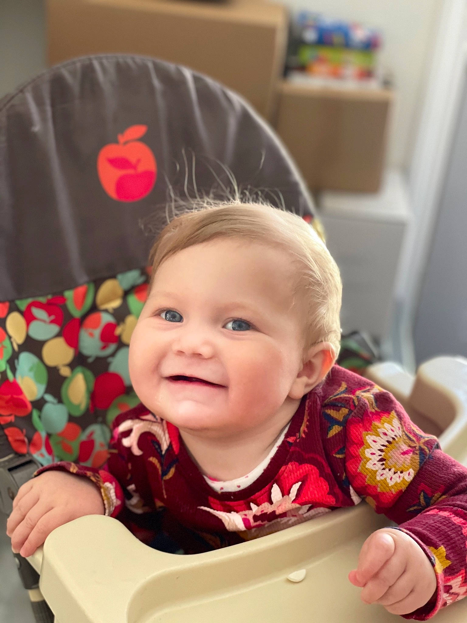 Brielle joined the competition — help win amazing prizes! baby, baby_playing_with_toys, baby_products, baby_toddler_clothing, chair, cheek, child, comfort, eye, fun, happy, iris, joy, person, red, room, sitting, skin, smile, toddler