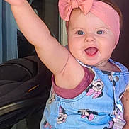 Irina a rejoint le concours — aidez-le/la à gagner de superbes lots ! baby, child, smiling, happy, headband, pink, denim, clothing, mickey_mouse, cartoon, arm_raised, cute, portrait, face, person, indoor, light, expression, joy, infant