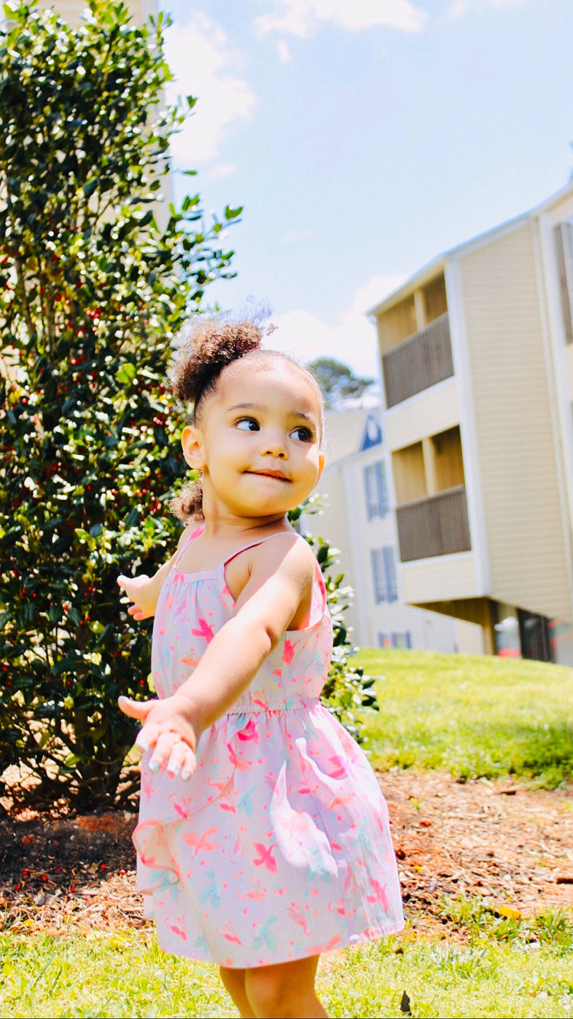 Lauryn is registered to the contest to win money with this photo: baby, beauty, child, dress, eye, grass, green, leaf, pattern, people, person, photograph, photography, pink, plant, skin, spring, summer, toddler, tree