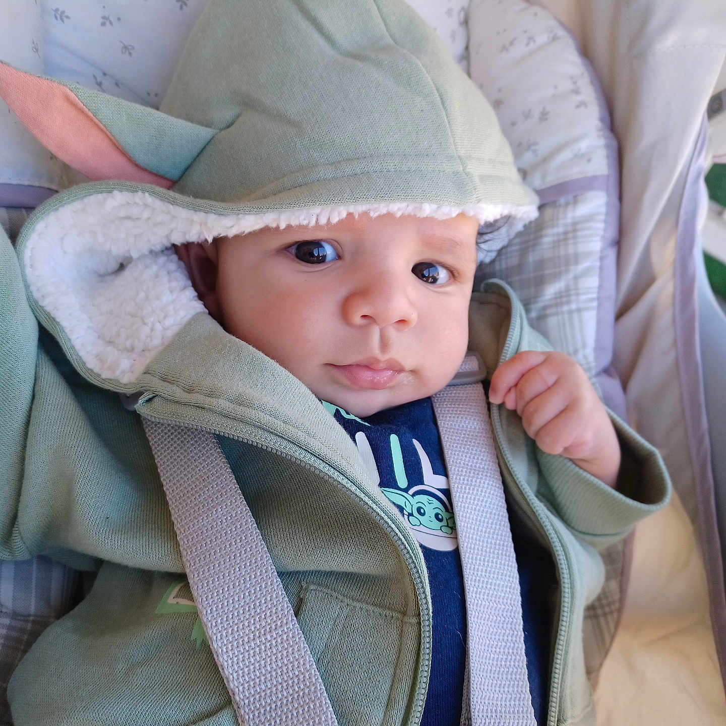 Daniel joined the competition — help win amazing prizes! baby, bonnet, car, car_interior, carseat, clothing, coat, face, hat, head, hood, hoodie, jacket, knitwear, lifejacket, person, sweater, sweatshirt, transportation, vest