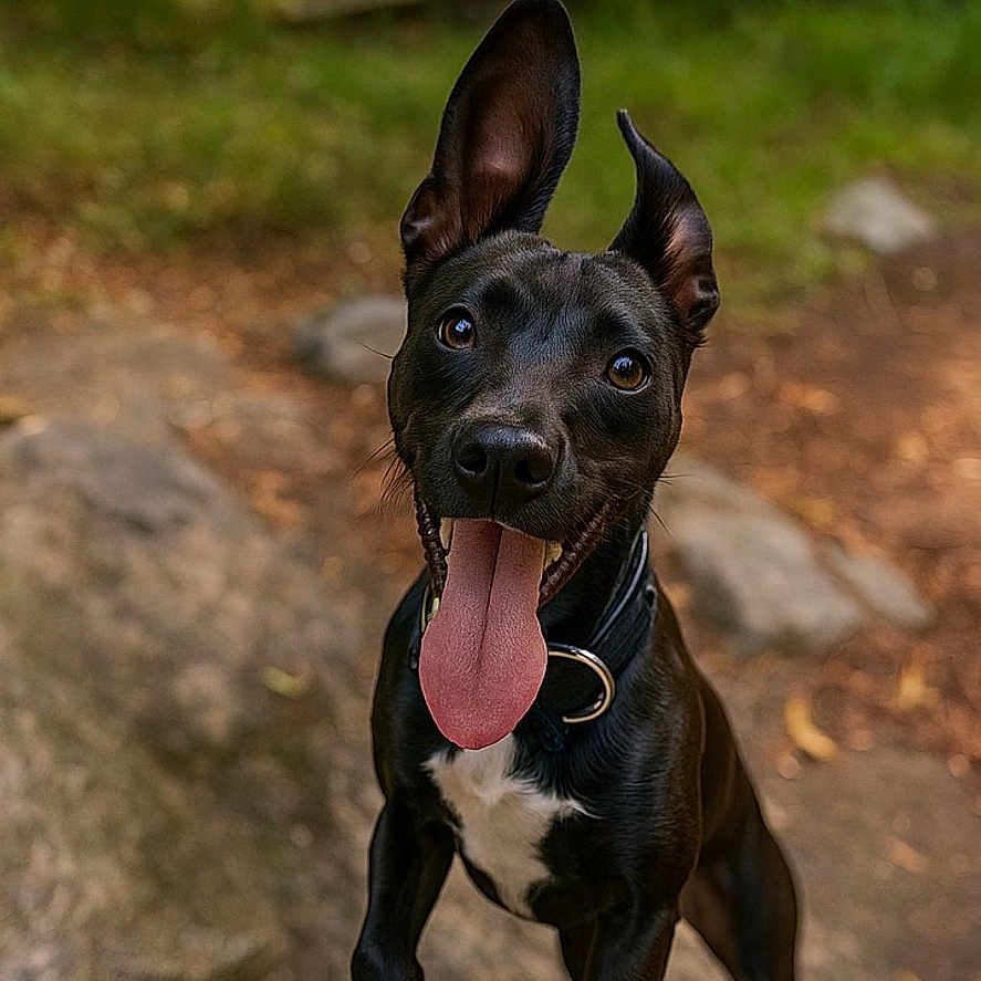 Naya a rejoint le concours — aidez-le/la à gagner de superbes lots ! animal, black_dog, canine, closeup, collar, daylight, dog, ears_up, energetic, excited, greenery, happy, jumping, nature, outdoor, pet, playful, rocks, summer, tongue_out