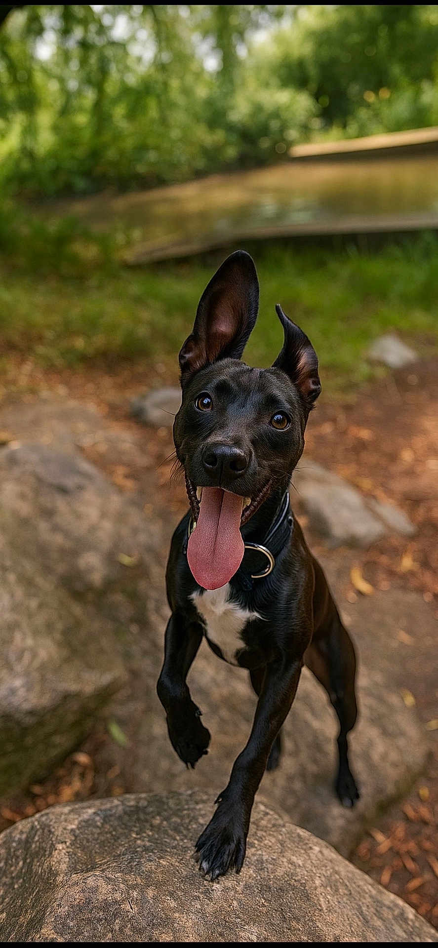 Naya a rejoint le concours — aidez-le/la à gagner de superbes lots ! dog, black_dog, happy, playful, tongue_out, outdoor, rocks, greenery, nature, pet, animal, jumping, collar, ears_up, excited, canine, closeup, energetic, summer, daylight
