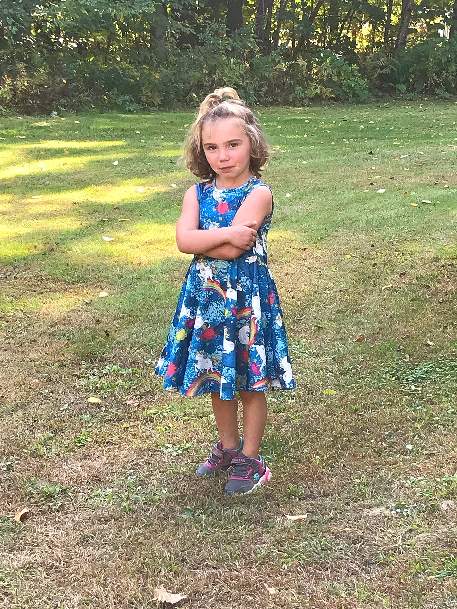 Autumn is registered to the contest to win money with this photo: baby_toddler_clothing, child, clothing, day_dress, dress, garden, grass, lawn, mammal, meadow, one_piece_garment, pattern, people_in_nature, person, polka_dot, spring, summer, sunlight, toddler, yard