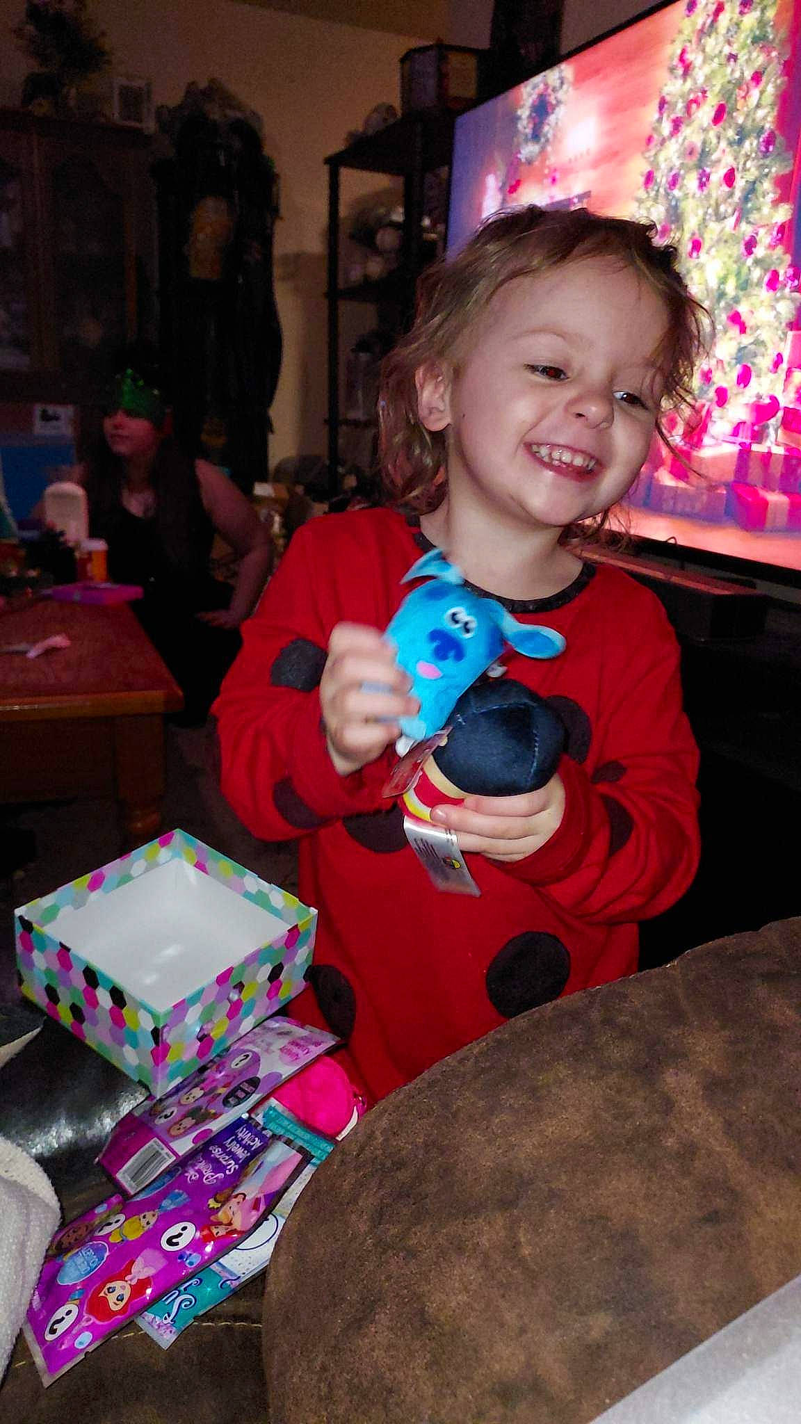 Kayleigh is registered to the contest to win money with this photo: child, christmas, christmas_eve, event, fun, hairstyle, happy, headwear, holiday, joy, lap, magenta, organ, party, person, pink, purple, room, sitting, smile