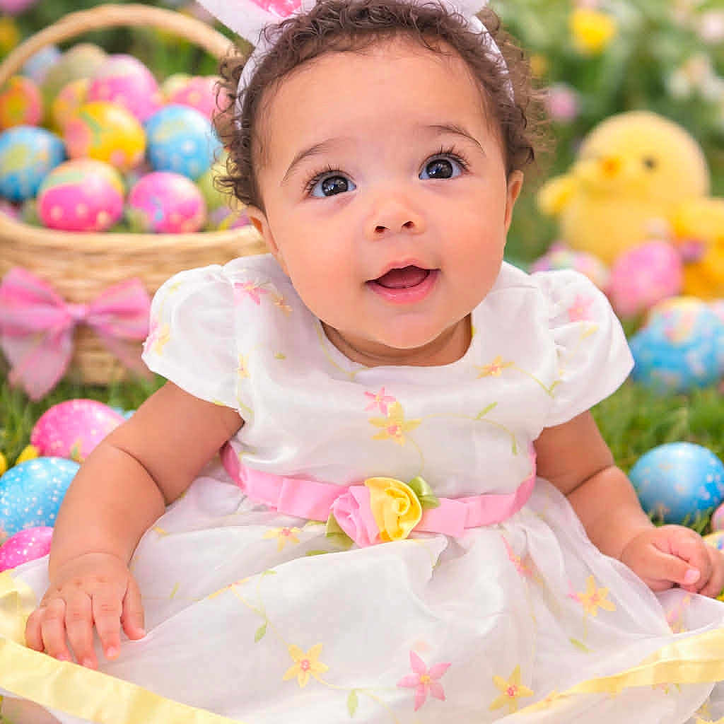 Keziah is registered to the contest to win money with this photo: baby, child, bunny_ears, easter_eggs, basket, grass, flower_dress, pink_belt, yellow_chick, curly_hair, smiling, outdoor, spring, holiday, cute, portrait, colorful, playful, celebration, festive