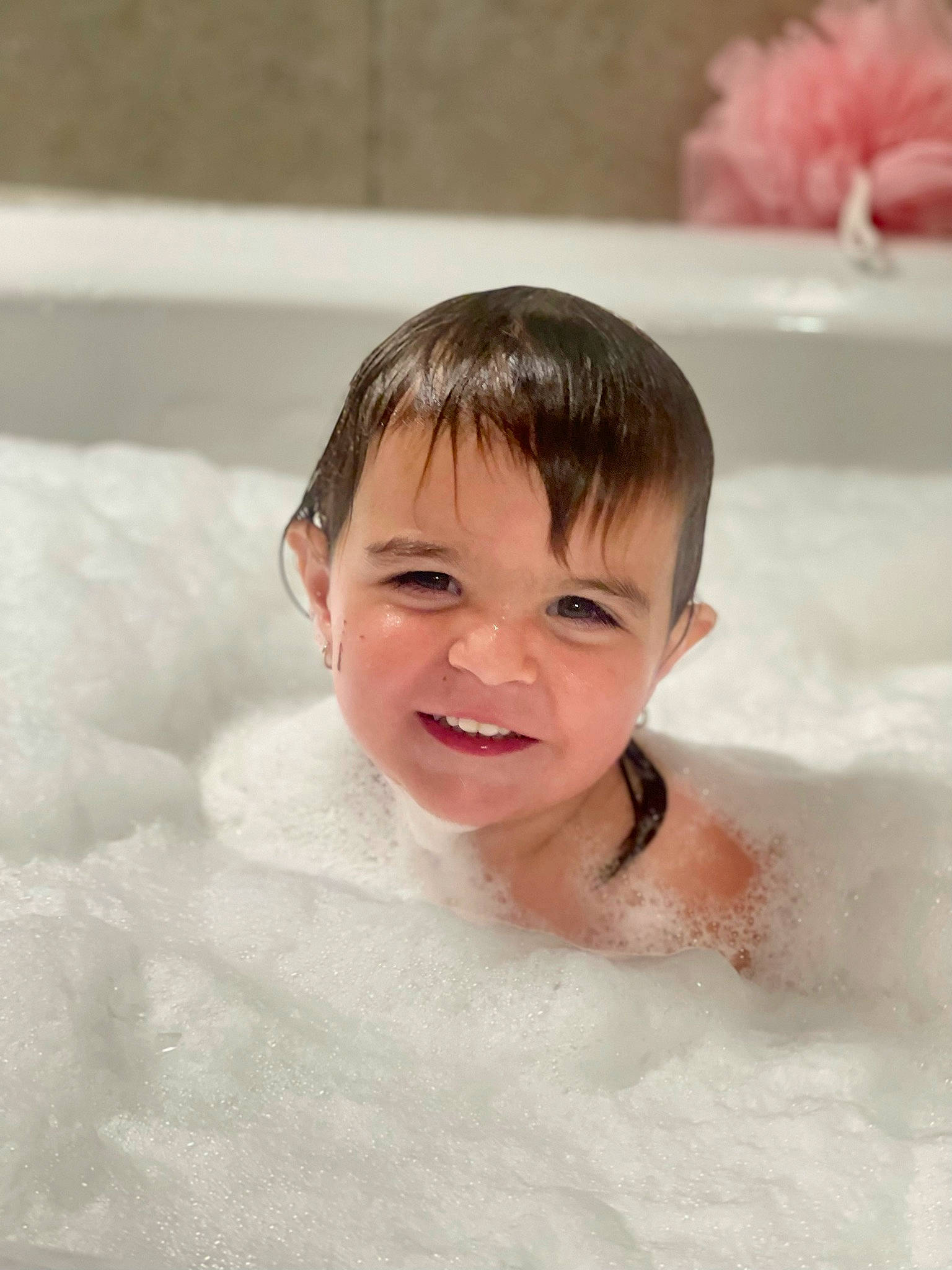 Mallory is registered to the contest to win money with this photo: baby, bathing, bathroom, bathtub, child, composite_material, eye, fluid, foam, fun, happy, jaw, laugh, leisure, mammal, person, plumbing, skin, smile, toddler