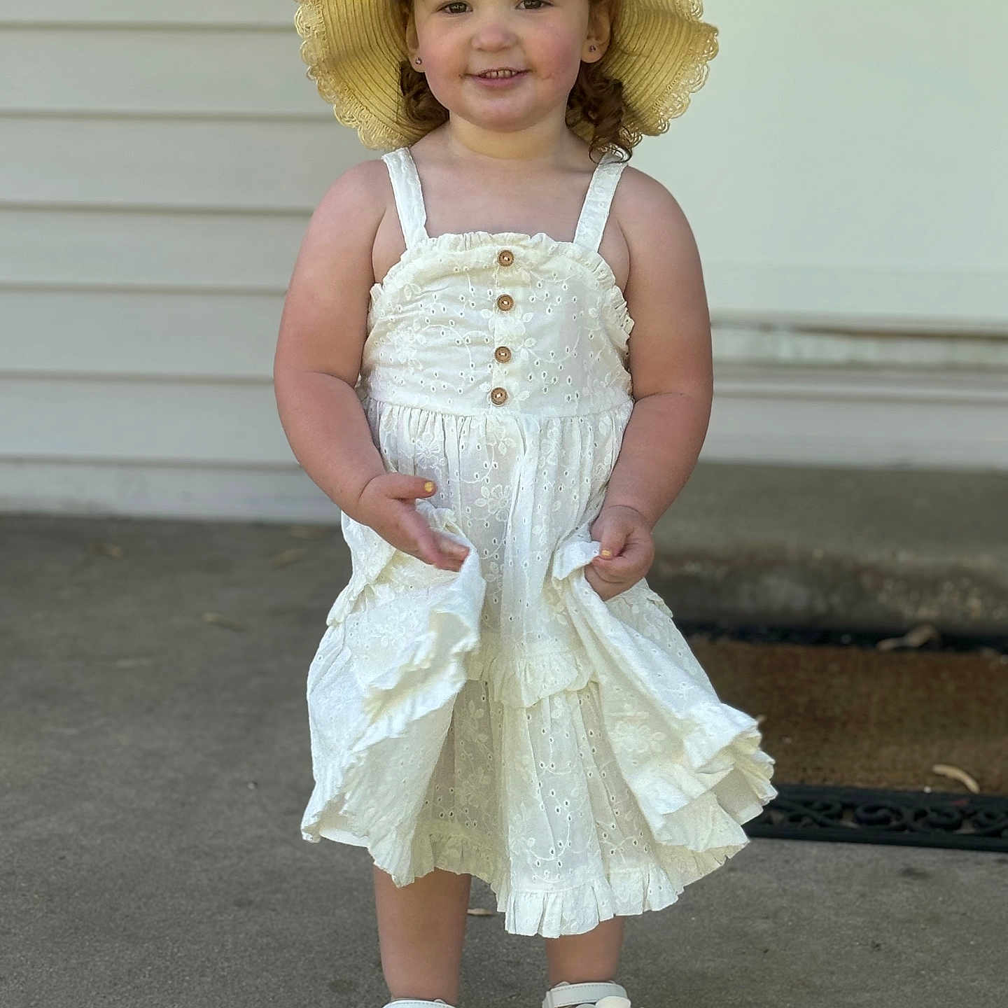 Ava joined the competition — help win amazing prizes! child, clothing, costume, dress, face, female, footwear, formalwear, girl, hat, head, pants, person, photography, portrait, sandal, shoe, sitting, sneaker, sunhat
