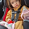 Josephine joined the competition — help win amazing prizes! toddler, child, car_seat, hoodie, curly_hair, toy, sippy_cup, seatbelt, blanket, car_interior, window, casual_clothing, young_child, sitting, indoors, safety_harness, pink, yellow, red, relaxed