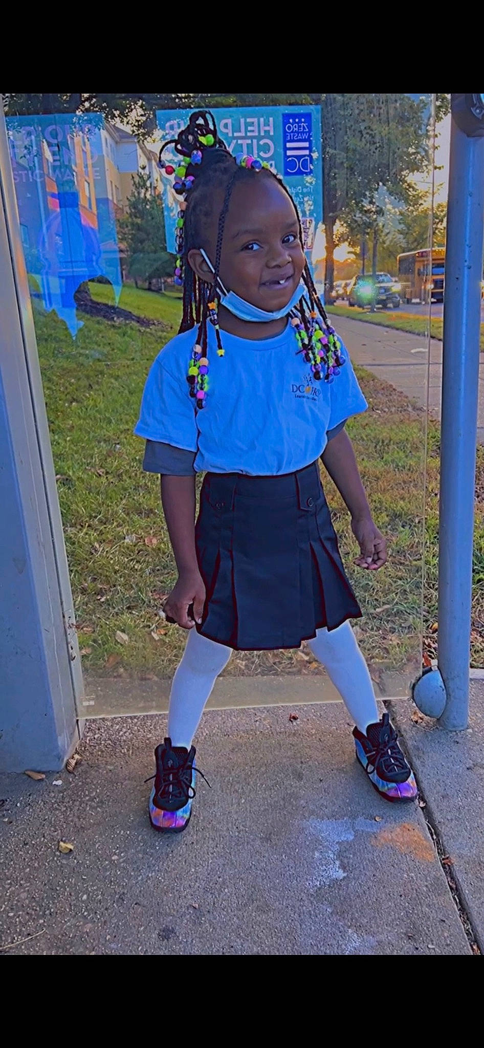 Amyra is registered to the contest to win money with this photo: blue, child, costume, electric_blue, fashion_design, fun, hairstyle, joy, knee, magenta, pattern, person, plaid, plant, purple, school_uniform, sleeve, smile, tartan, toddler