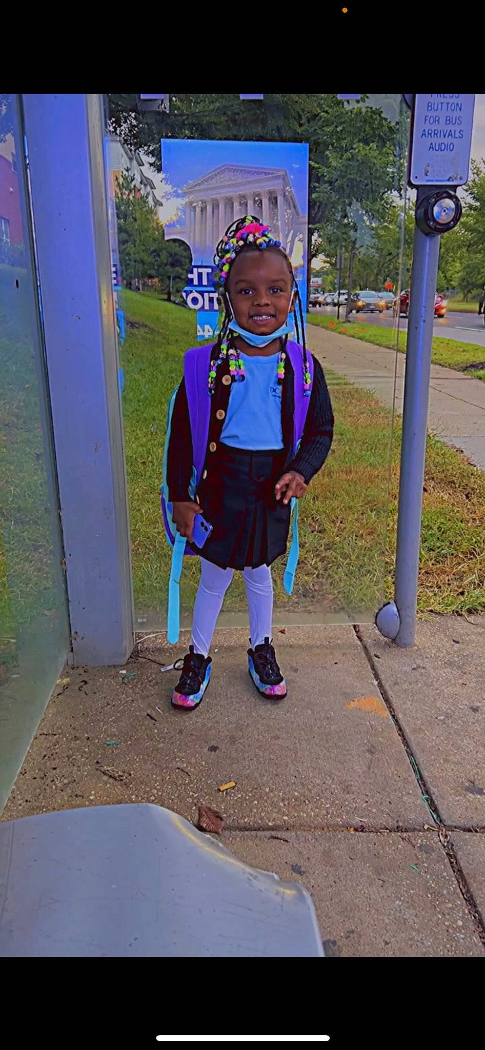 Amyra is registered to the contest to win money with this photo: child, city, door, electric_blue, fun, hat, joy, leisure, magenta, pattern, person, pink, plant, purple, recreation, sandal, shorts, sidewalk, street_light, toddler