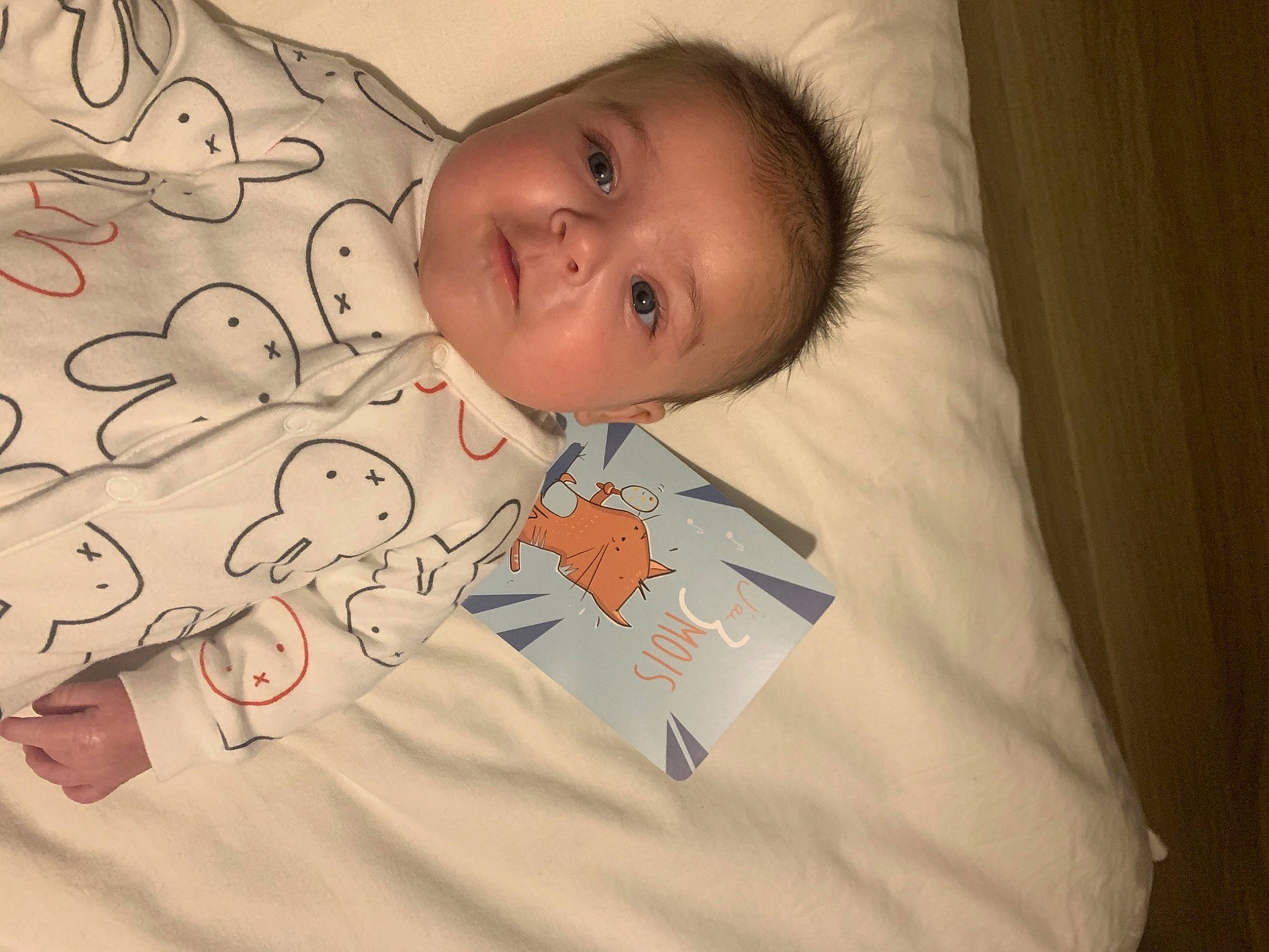 Hugo participe au concours pour gagner de l'argent avec cette photo : baby, baby_products, baby_sleeping, baby_toddler_clothing, bedding, bedtime, cheek, child, collar, comfort, eye, human_body, linens, nose, pattern, person, room, skin, sleeve, textile